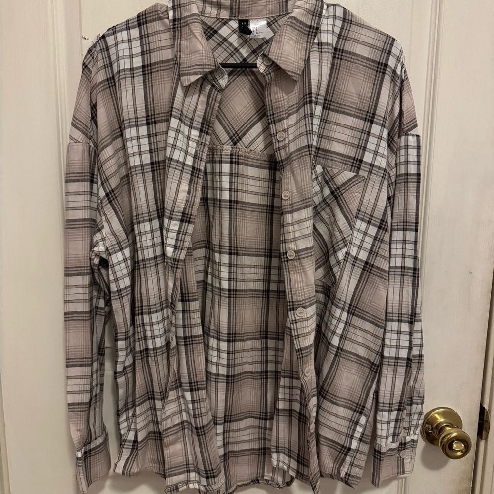 H&M Plaid Blouse in Black and Cream